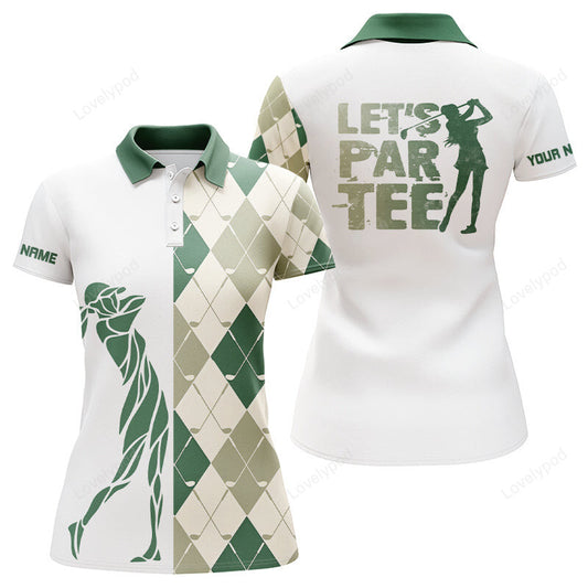 Green and white golf shirt argyle pattern golf clubs, custom name women golf polo shirts let's par tee GY3676