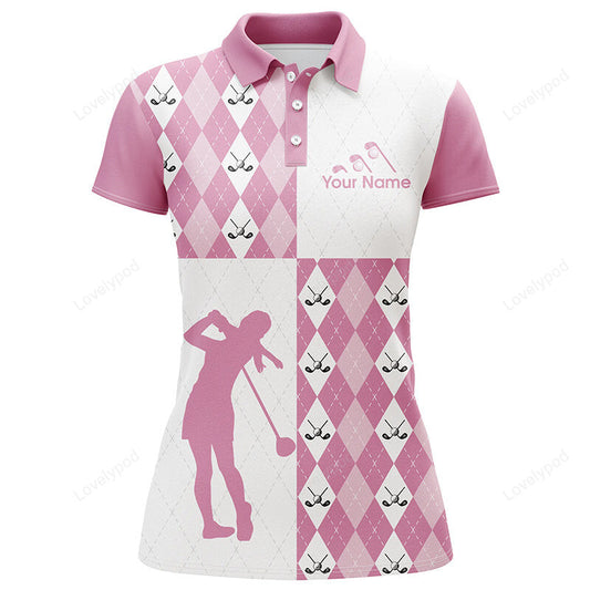 Golf athleisure pink argyle pattern custom name women polo shirt, pink golf shirt for ladies GY3677