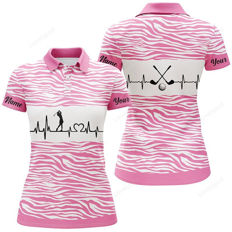 Pink zebra pattern golf girl heartbeat women polo shirt, best pink golf shirt for ladies GY3679