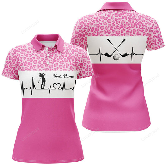 Pink leopard pattern golf girl heartbeat women polo shirt, best pink golf shirt for ladies GY3680