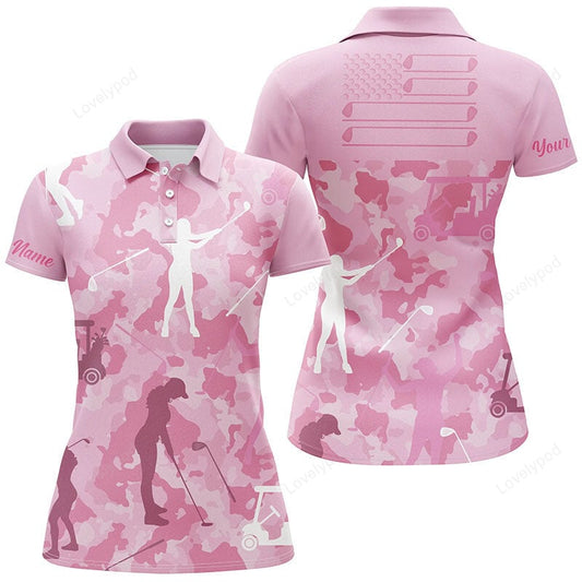 Golf girl camo pattern american flag women golf shirt, custom name polo golf shirt for ladies GY3682