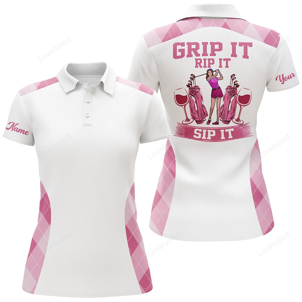 Funny women golf polo shirt, custom pink argyle grip it rip it sip it, golf tops for ladies GY3685