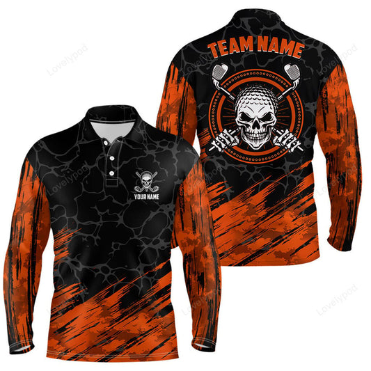 Personalized 3d all over print skull mens golf polo shirt, orange & black golf shirts for men GY3689