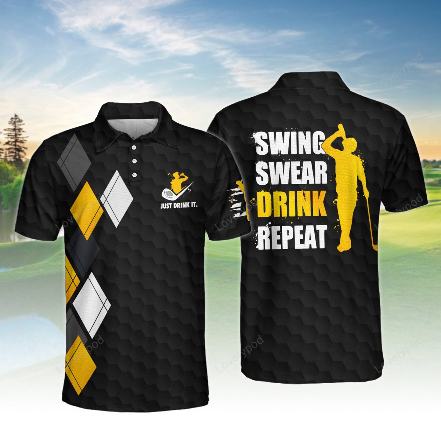 Swing swear drink repeat men golf polo shirt, custom golf shirt, gift for golf lover GY3712