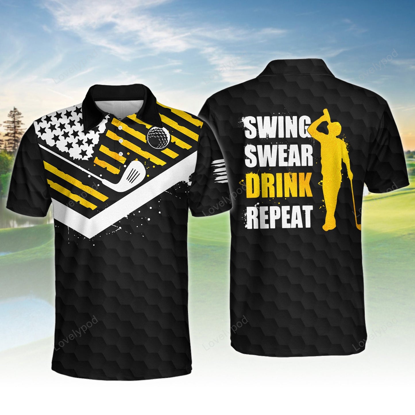 Swing swear drink repeat men golf american flag polo shirt, custom golf shirt, gift for golf lover GY3713