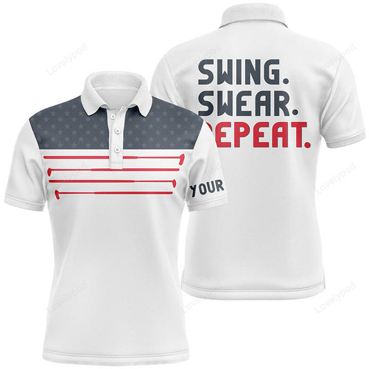 Men golf polo shirt, custom swing swear repeat american flag white golf shirt GY3731