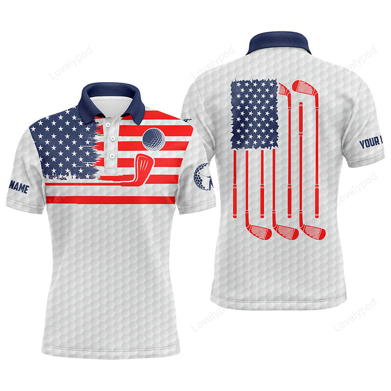 American flag patriotic men golf polo shirts, custom name white golf polo shirt men GY3734