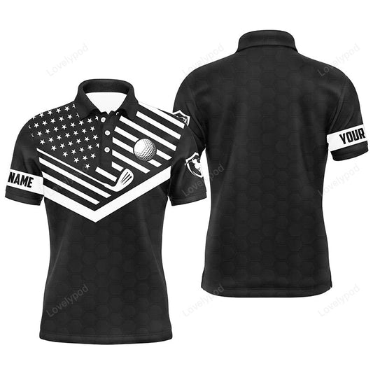 Men golf polo shirt, custom name black and white american flag patriotic golf polo shirts for men GY3735