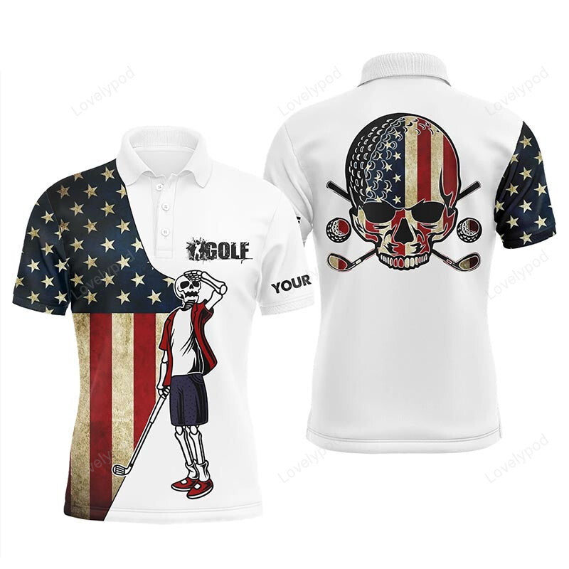 Vintage american flag patriotic men golf polo shirt, custom golf skull men's flag polo shirts GY3736