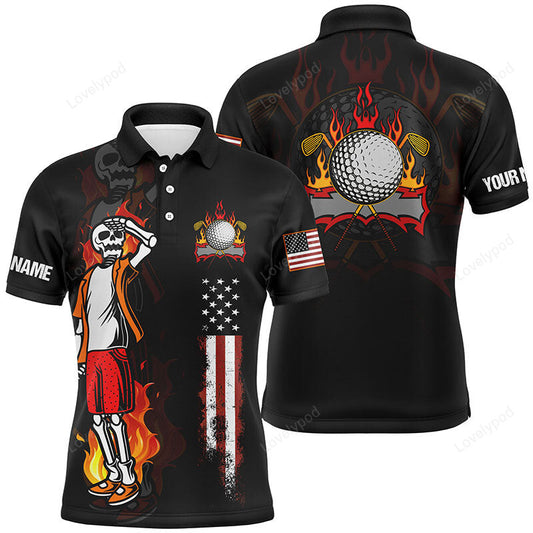 Men fire skull golf polo shirt, american flag golf shirts for men crazy skull golf shirt GY3749