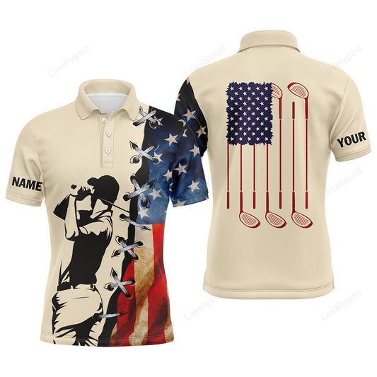 Vintage american flag men golf polo shirts, custom name golf clubs patriotic team mens golf shirt GY3752