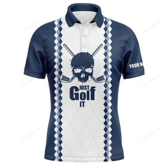 Just golf it men golf polo shirt, blue and white golf skull custom name golf gifts for men GY3764