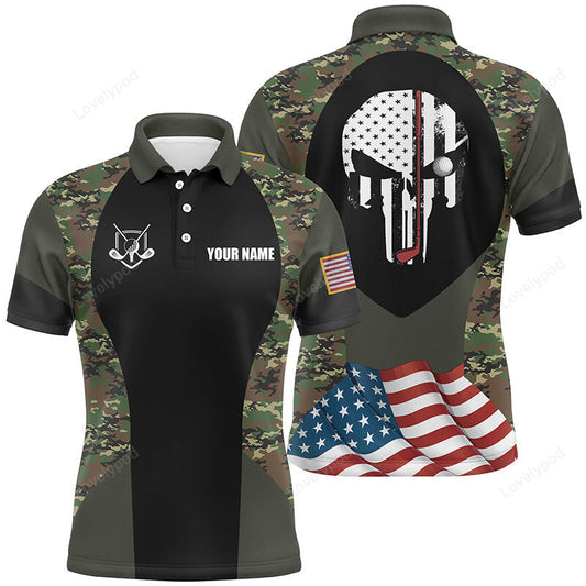 American flag skull custom name golf polo shirts, green camo golf shirts for men, golf gifts GY3768