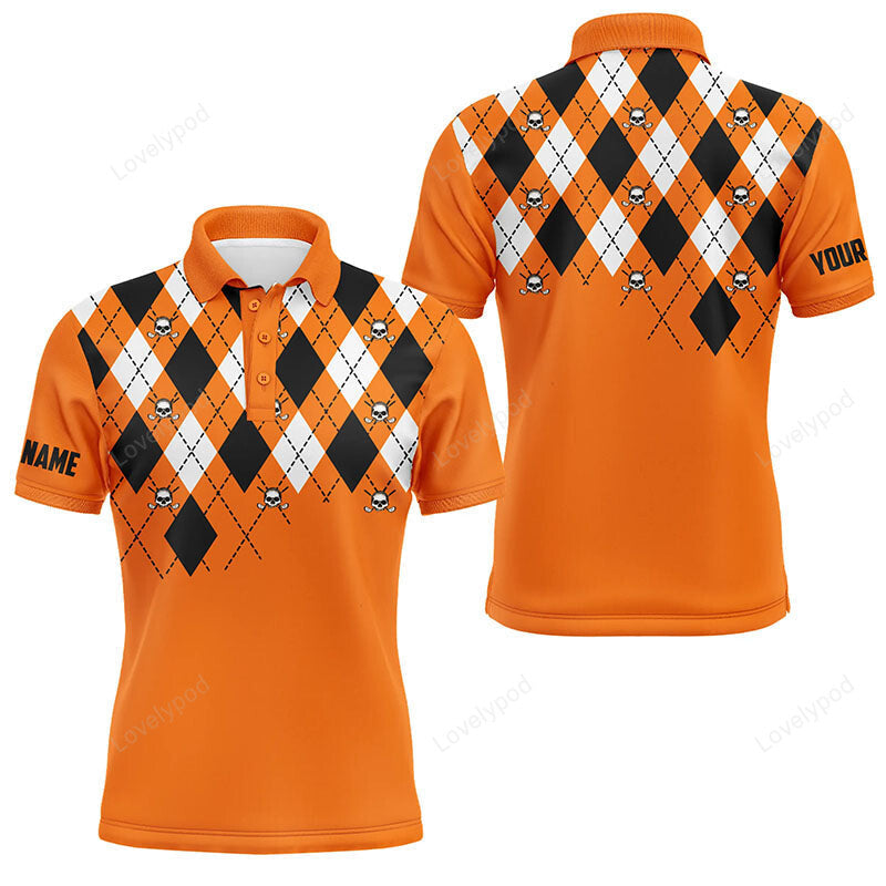 Men golf polo shirt plus size orange argyle plaid golf skull pattern, custom men golf tops GY3773