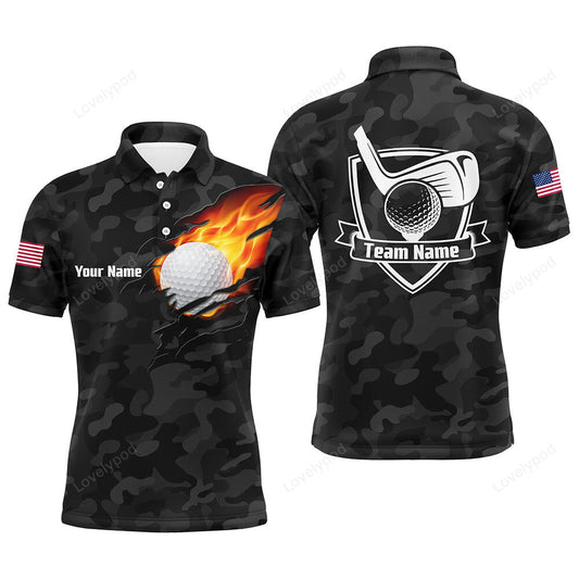 Black camo fire golf ball flame men golf polo shirts, custom american flag golf shirts for men GY3775