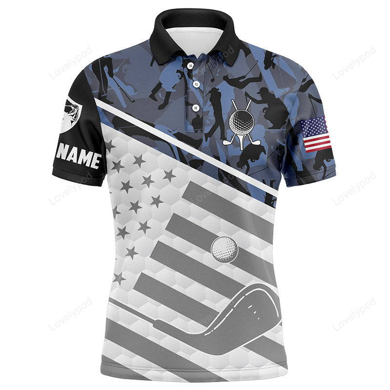 Men golf polo shirts custom name blue camo american flag patriotic golf apparel for men GY3777