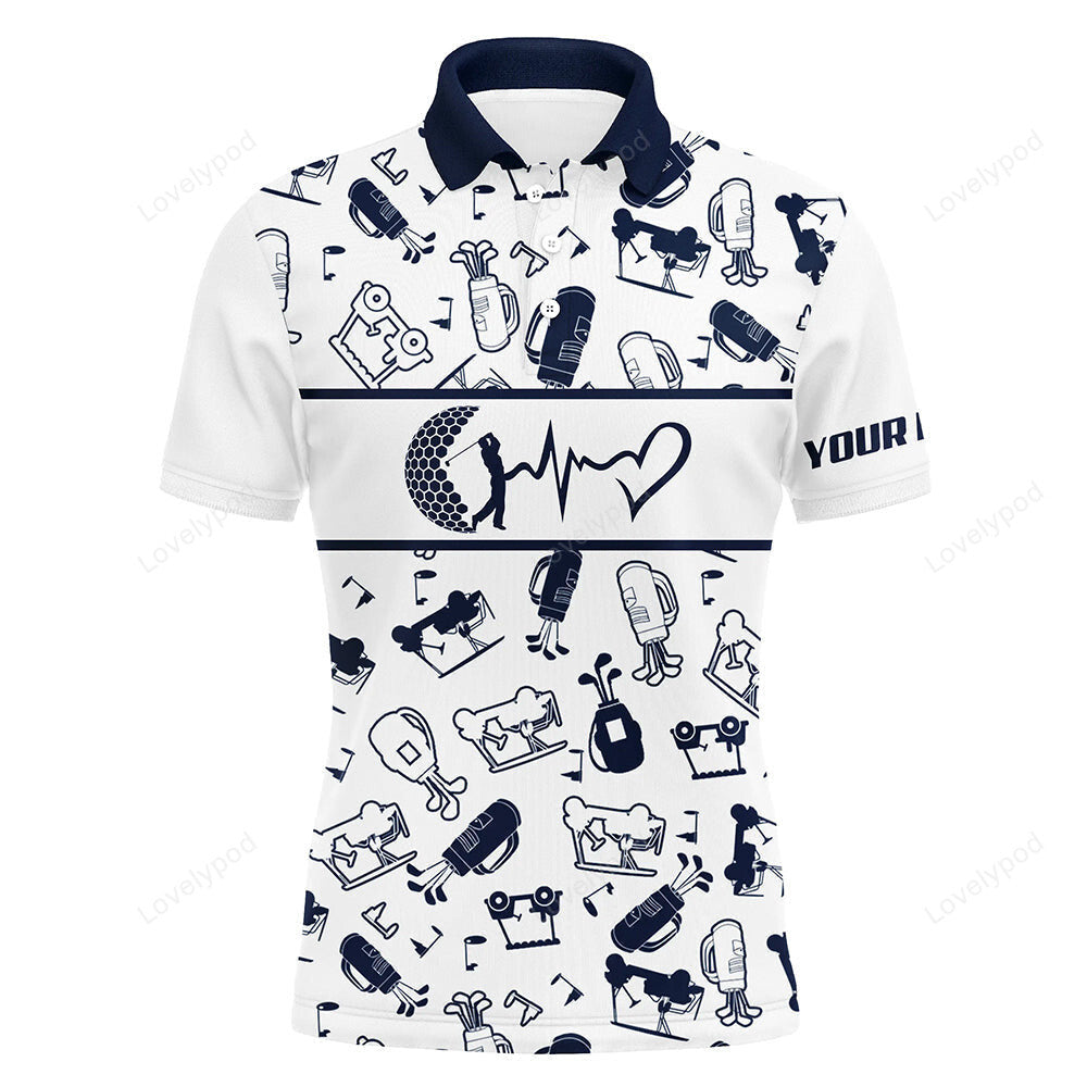 Navy and white men love golf polo shirts, funny golf heartbeat tops for men, cool golf gifts GY3779