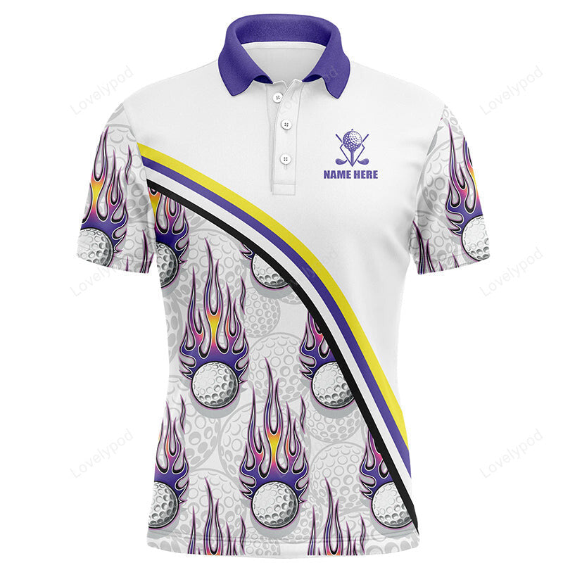 Golf balls purple flame pattern men golf polo shirts, custom name golf clothes for men golfing GY3780