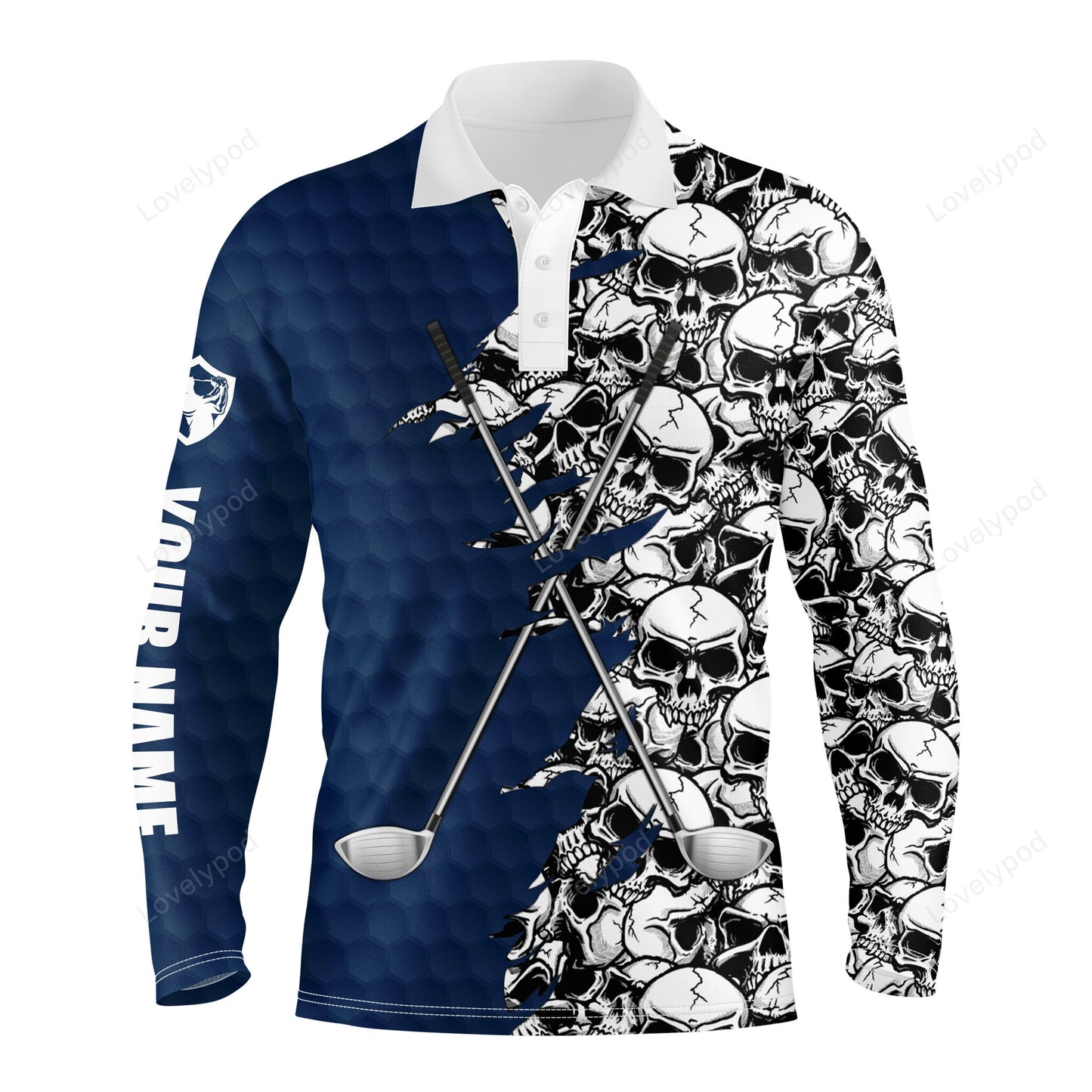 Men long sleeve golf tops polo shirt, blue pattern skull golf clubs custom name golf performance shirts GY3784