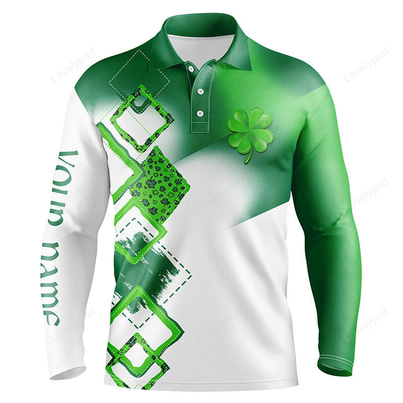 Men golf long sleeve polo shirt custom name, green clover st patrick day golf shirts, golfing gifts GY3785