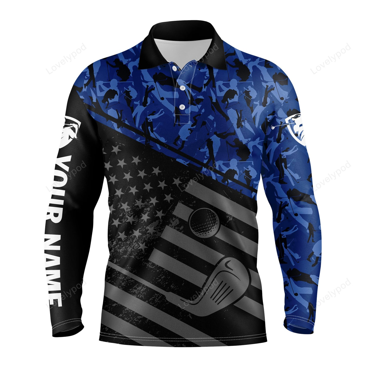 Men golf long sleeve polo shirt black american flag patriotic blue camo polo, custom name golfing gifts GY3786