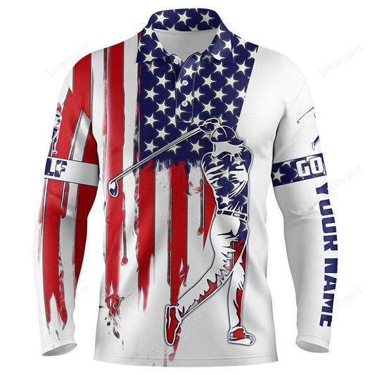 American flag men golf long sleeve polo shirts, custom name patriot golf gifts, golf shirts for men GY3788