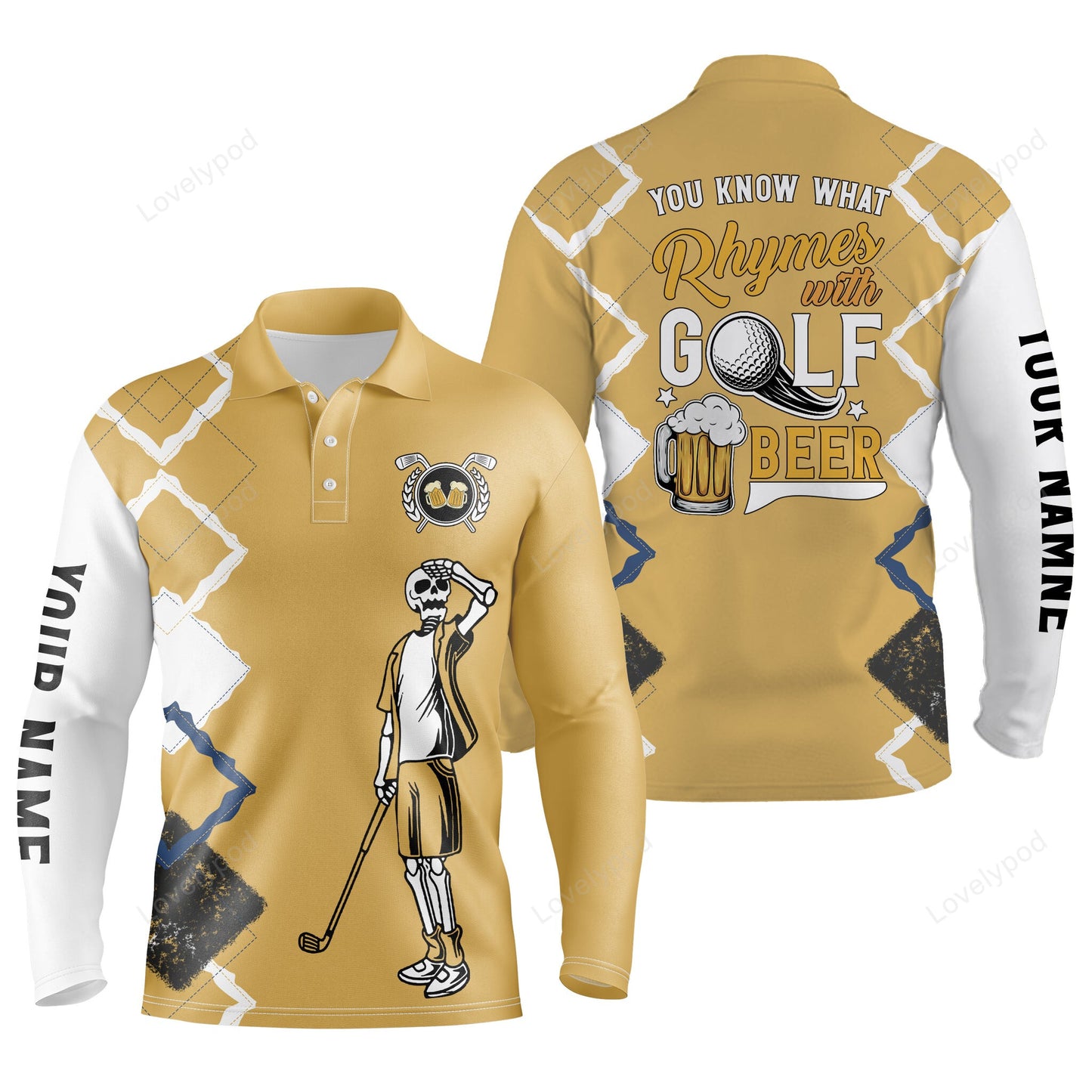 Funny golf skull polo shirts, you know what rhymes with golf beer custom name golf performance shirts GY3789