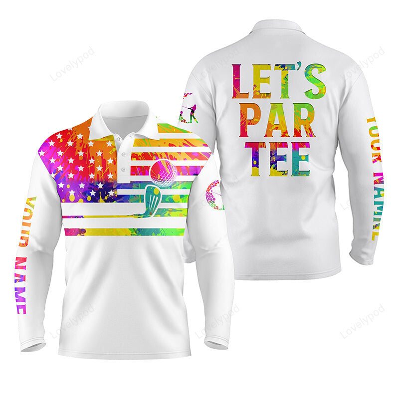 Men golf long sleeve polo shirt, watercolor american flag custom name let’s par tee white golf shirt GY3794