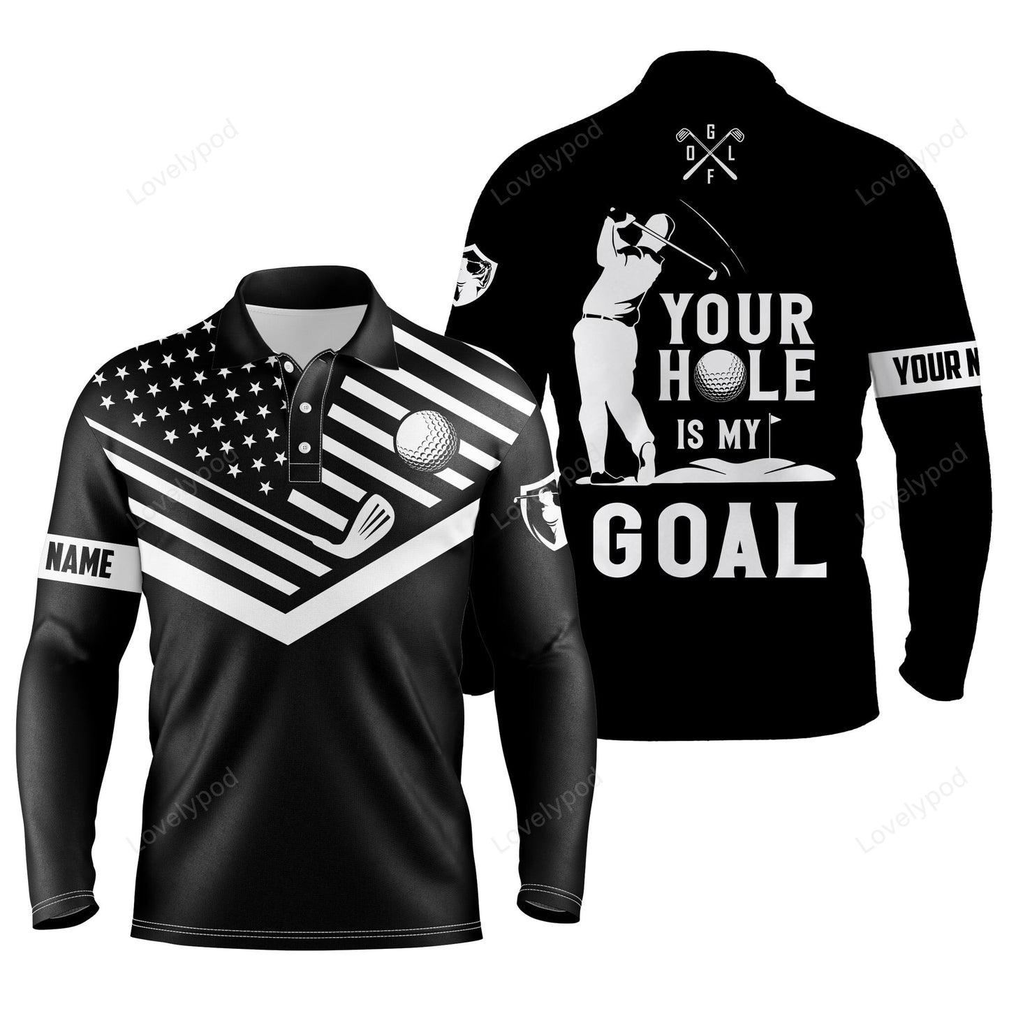 Black men golf long sleeve polo shirt, white american flag custom name your hole is my goal funny golf team shirt GY3799