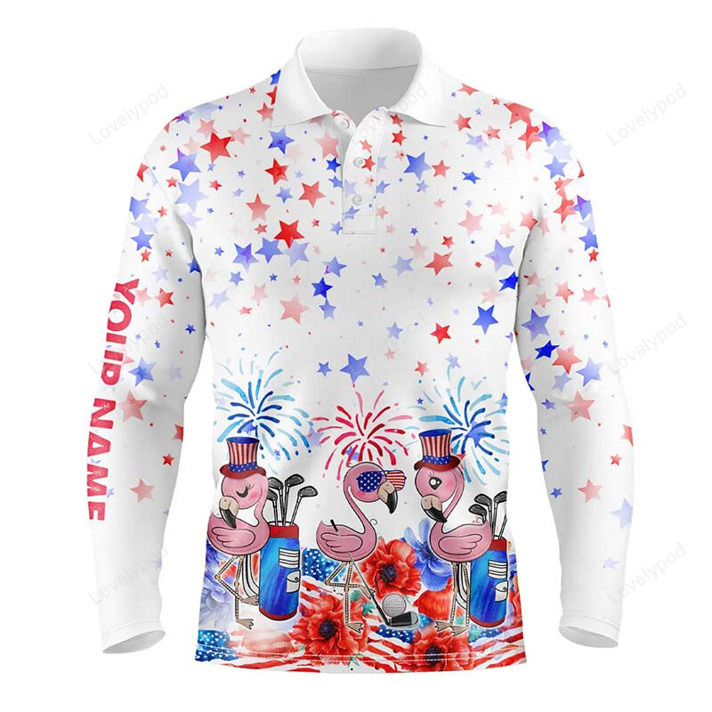 American flag men golf polo shirts, custom name patriotic pink flamingo white men golf tops GY3800