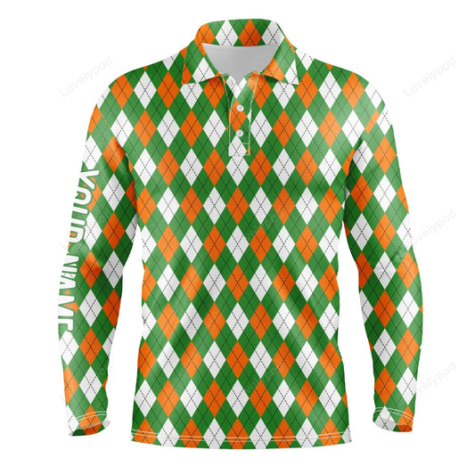 Men golf polo shirts custom green, orange, white st. patrick day argyle plaid pattern golf shirts GY3802