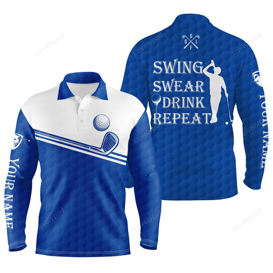 Men golf polo shirt, swing swear drink repeat custom name blue white men golf shirts GY3805