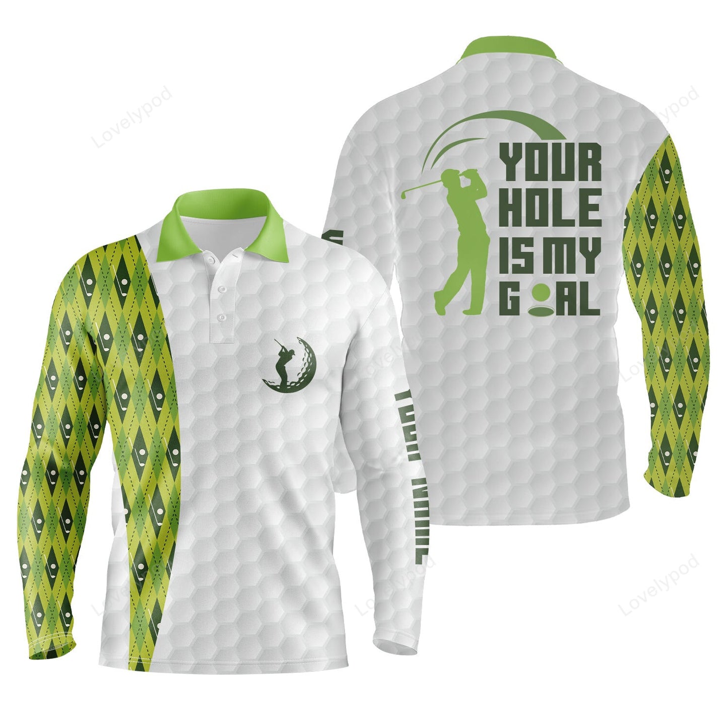 Funny men golf polo shirts, custom your hole is my goal green argyle pattern white golf balls shirts GY3810