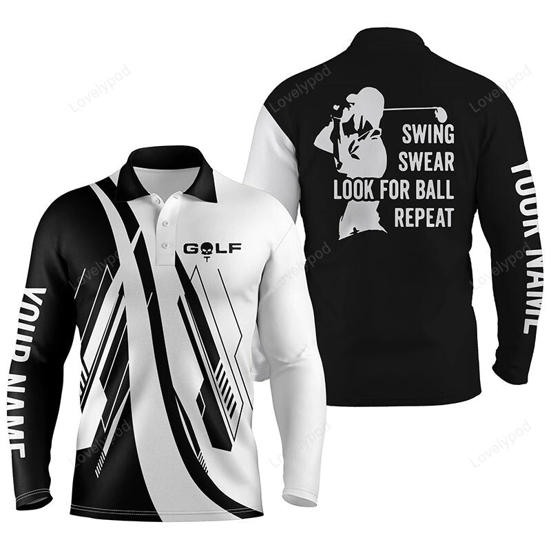 Black and white men golf long sleeve polo shirt, custom name swing swear look for ball repeat golf shirt for men GY3814