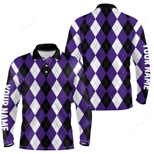 Men golf polo shirts, custom purple argyle plaid halloween pattern golf attire for men, golfing gifts GY3821