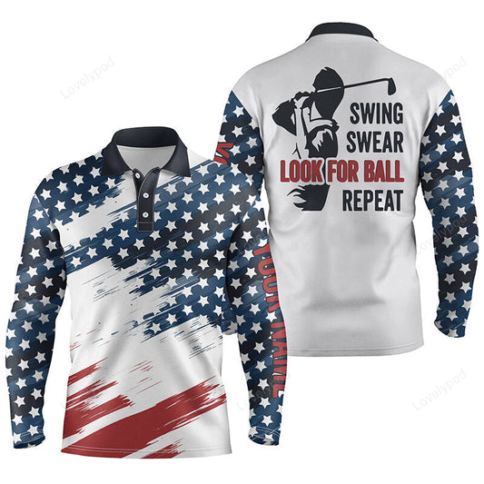 American flag men golf polo shirts, custom name patriot golf gifts, swing swear look for ball repeat GY3824