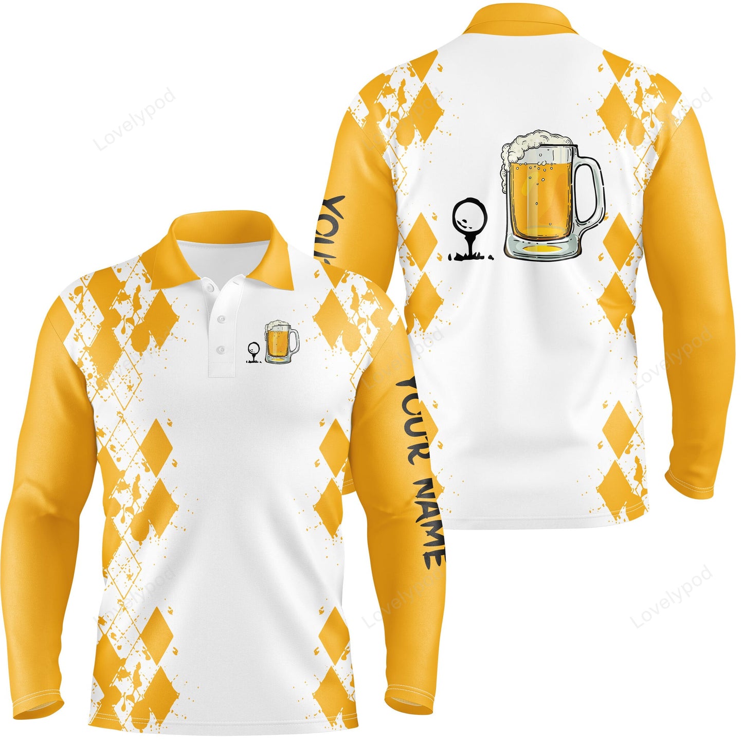 White yellow men golf polo shirt, golf & beer custom name golf gifts for men, dad GY3826