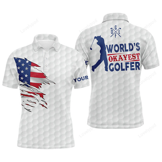 Men golf polo shirt, world's okayest golfer custom name white american flag golf shirts GY3829