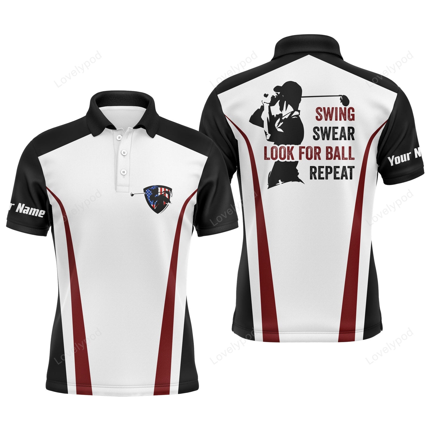 Swing swear look for ball repeat custom name funny black, white, red mens golf polo shirt GY3831