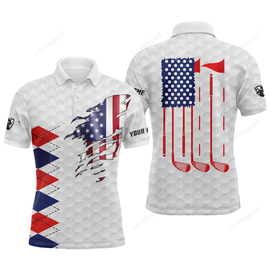 American flag white golf polo shirts for men, personalized patriotic golf gift ideas for him GY3833