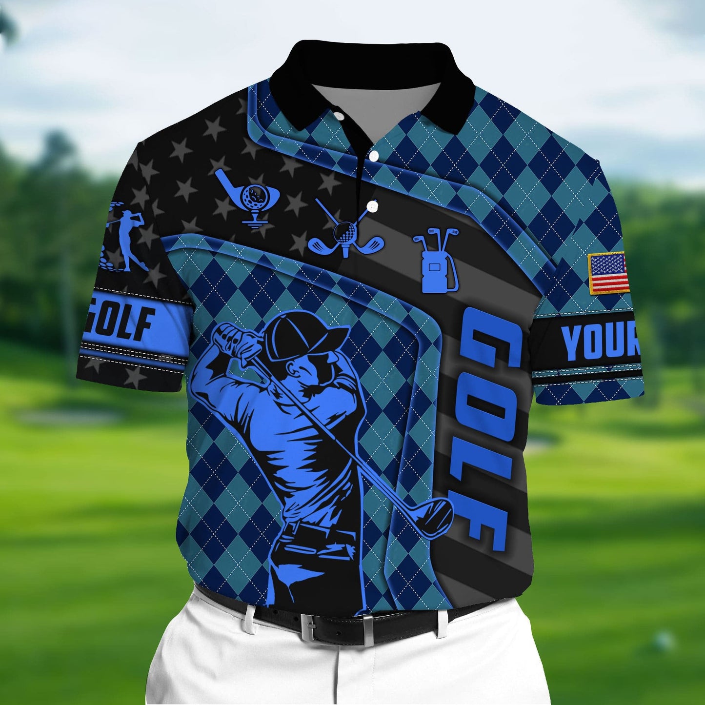 Masnines Navy Pride Unique Love Golf 3D Polo Argyle Pattern Multicolor Custom Name Polo GA0059