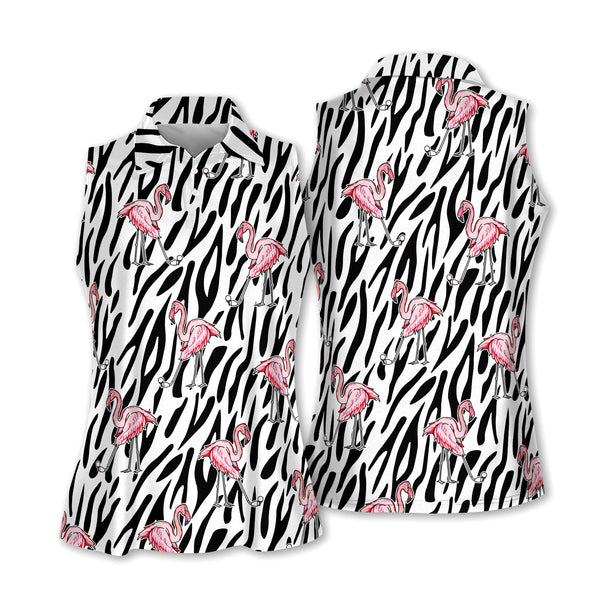 Womens Flamingo Zebra Sleeveless Golf Shirts, Flamingo Golf Shirt For Women H0059