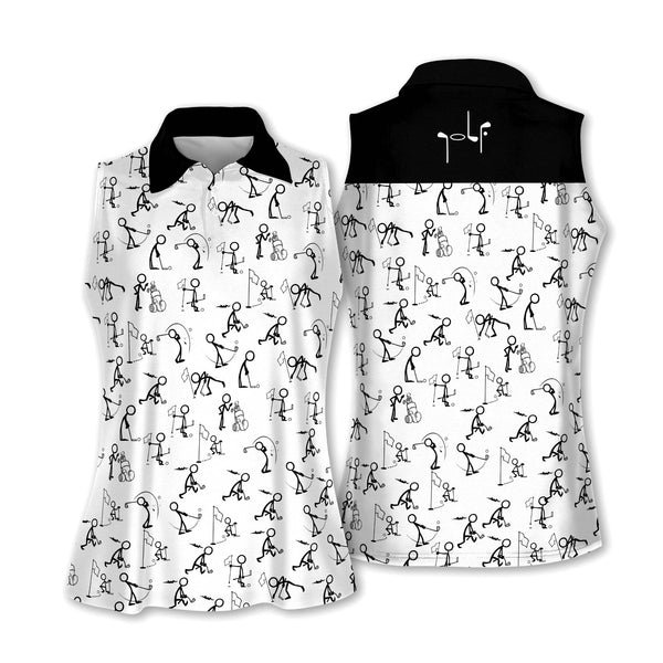 Stickfigures Womens Sleeveless Golf Shirts, Black And White Funny Golf Shirts Women I0146