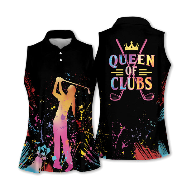 Queen Of Clubs Sleeveless Women's Golf Shirts, Funny Black Golf Shirts For Women I0190