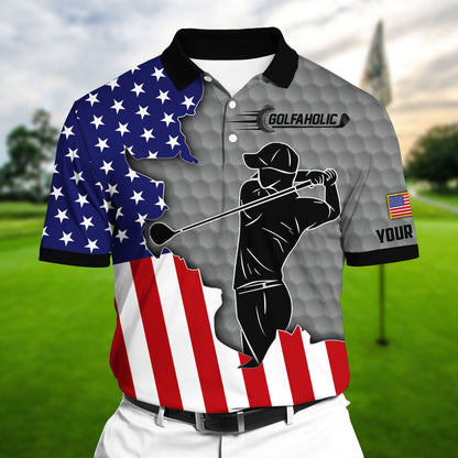 Masnines Golfaholic US Flag Multicolor Personalized 3D Golf Polo Shirt GA0028