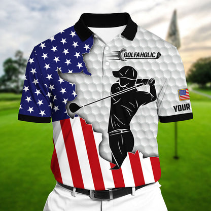 Masnines Golfaholic US Flag Multicolor Personalized 3D Golf Polo Shirt GA0028